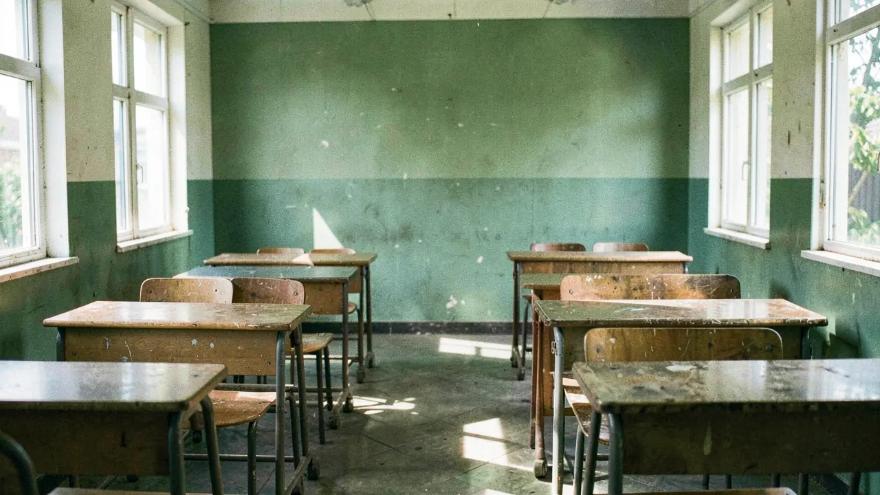 An empty classroom with wooden desks in rows and sunlight through tall windows