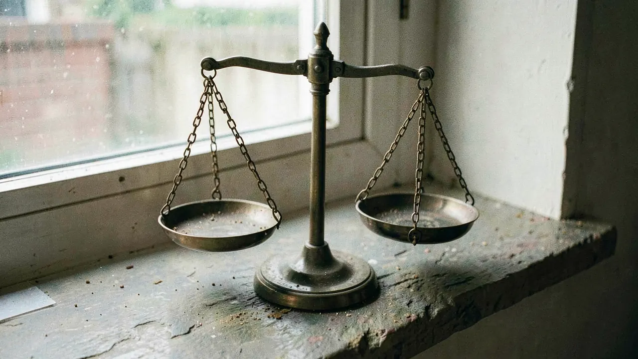 Old brass balance scales on a stone window sill, one pan slightly lower than the other