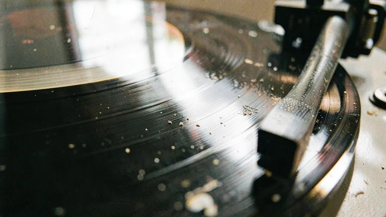 A vinyl record spinning on a turntable with the tonearm resting in the groove