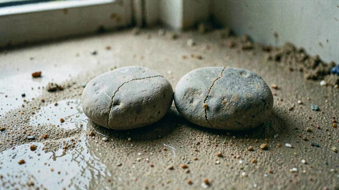 Two nearly identical smooth river stones side by side on wet sand, one showing a fine seam
