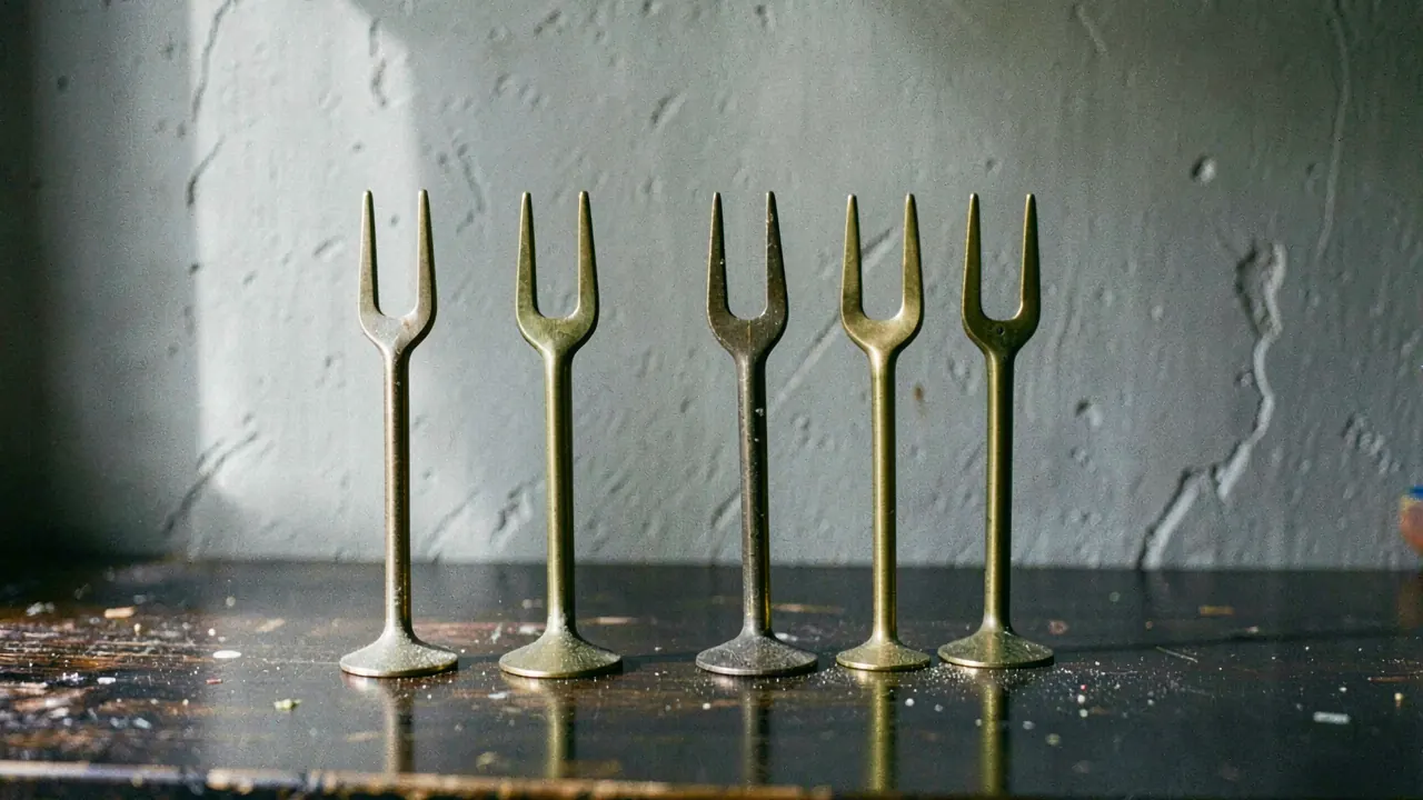 Five brass two-pronged forks standing upright in a row on a dark desk against a grey plaster wall